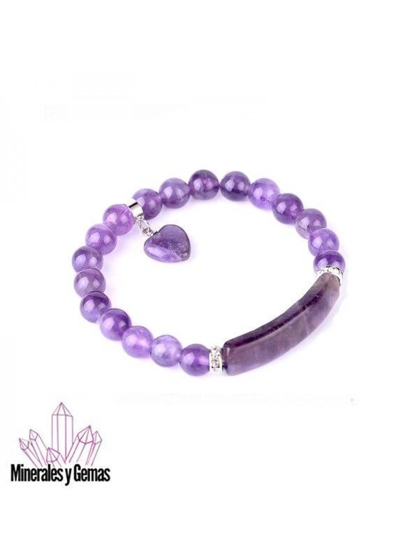 Pulsera de Amatista Bola 8 mm con rectángulo y corazón